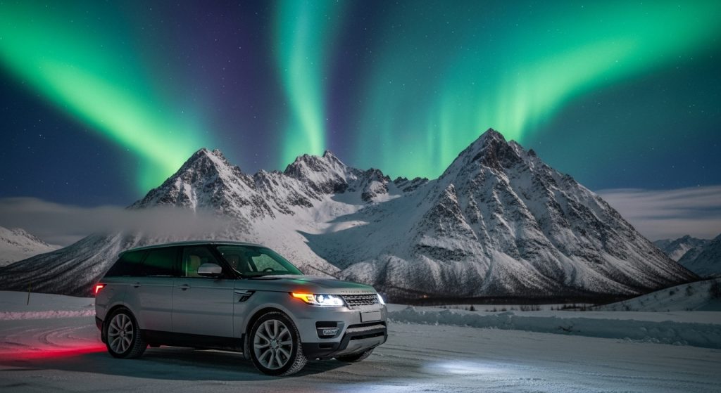 Dark Aesthetic Car Wallpapers for Laptop Sleek & Stylish Backgrounds 9 Silver Range Rover parked in snowy mountains beneath glowing northern lights, cinematic widescreen dark aesthetic car wallpaper for laptop.