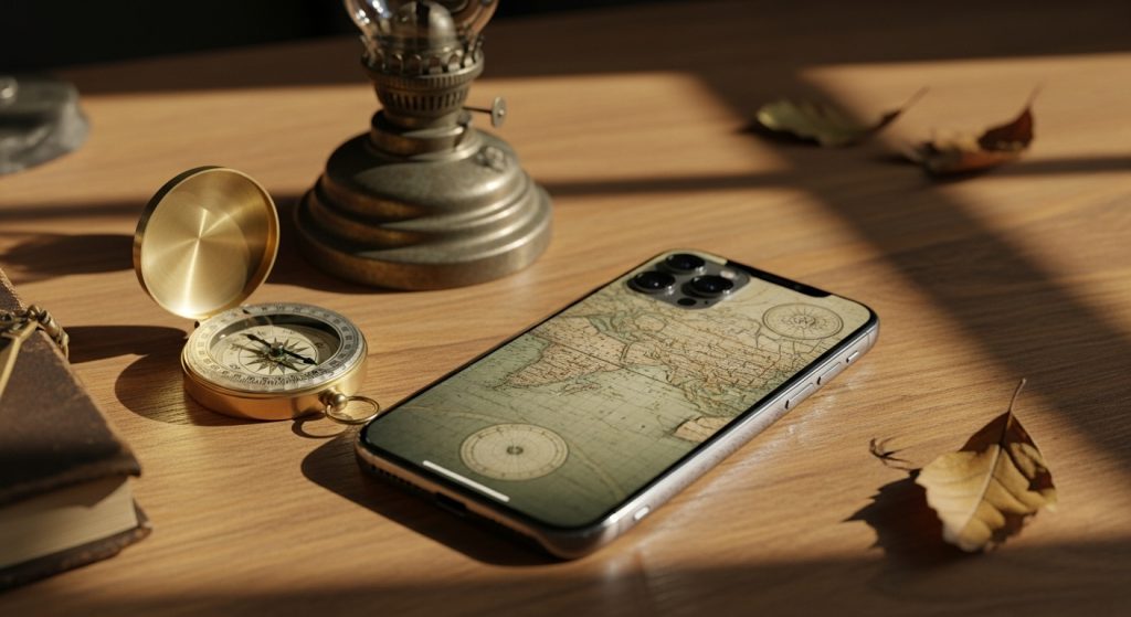 Aesthetic Vintage iPhone Wallpaper: A Timeless Journey for Your Screen 7 Illustrate a beautiful, serene image of an iPhone on a wooden desk, screen showing a muted retro map wallpaper, with soft shadows and vintage items like a compass nearby.