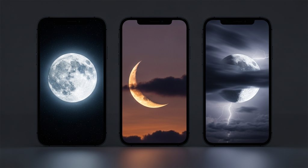Best Aesthetic Moon Wallpapers for iPhone | Dark & Minimal Backgrounds 11 “Side-by-side comparison of iPhones displaying different moon wallpapers, each representing a unique mood.”