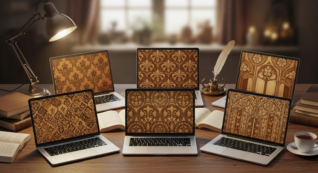 Laptop Wallpaper HD 1080p Aesthetic Vintage Dark Academia Timeless Backgrounds 6 “Study table setup with multiple laptops displaying vintage dark academia wallpapers in rich brown and gold tones.”