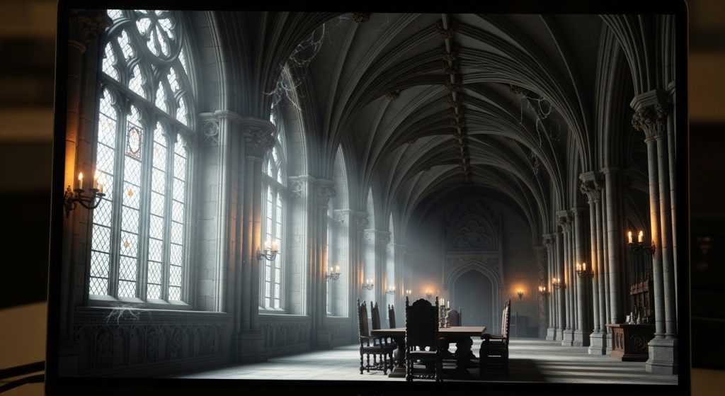 Laptop Wallpaper HD 1080p Aesthetic Vintage Dark Academia Timeless Backgrounds 5 “Laptop screen close-up showing a sharp HD 1080p wallpaper of a gothic hall with intricate dark academia details.”