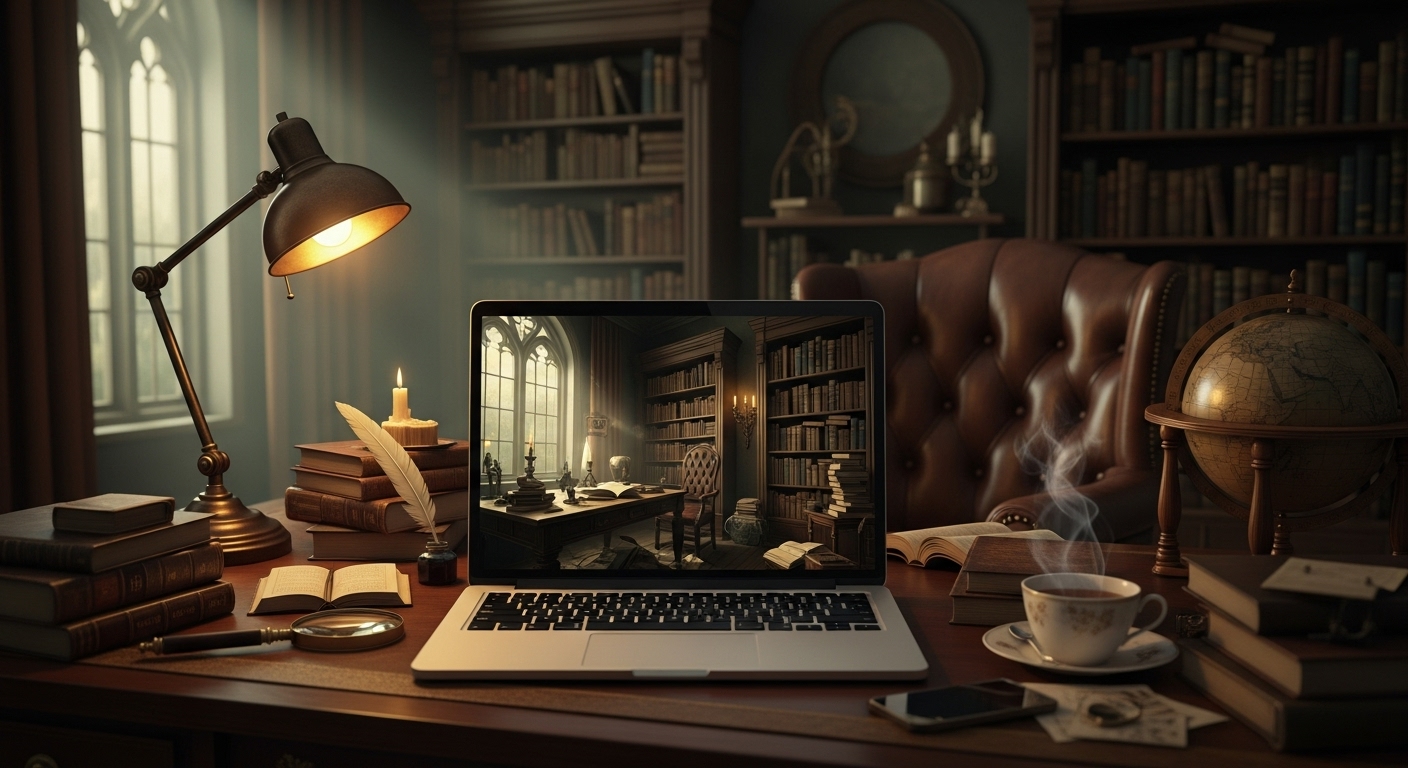 “Feature image showing Laptop Wallpaper HD 1080p Aesthetic Vintage Dark Academia background on a laptop in a moody study setup.”