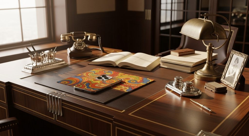 Aesthetic Vintage Brown iPhone Wallpaper 2025: A Cozy Retro Touch 4 Captivating 1920s Art Deco desk with rich walnut accents, seamlessly transitioning into a 1970s bohemian pattern displayed on an iPhone screen.