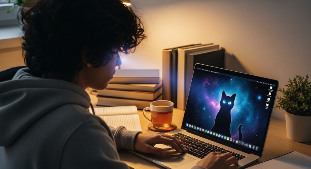 Laptop Wallpaper HD 1080p Aesthetic Dark Cat 10 Student at a tidy desk working on a laptop with a glowing dark cat wallpaper on screen, aesthetic HD 1080p workspace setup.