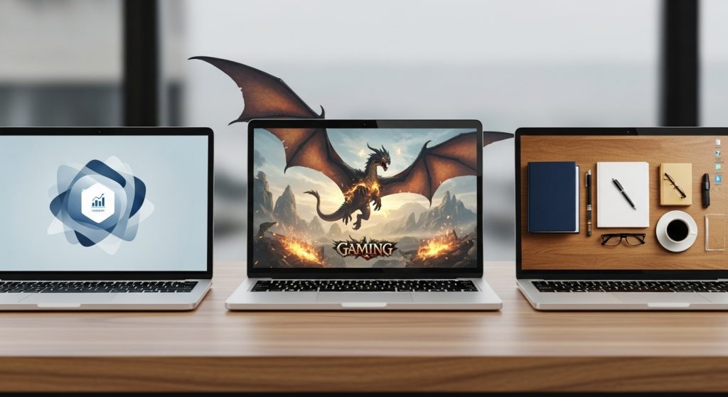 Dark Aesthetic Wallpaper for Laptop: Stylish Backgrounds to Elevate Your Screen 9 Three laptops side by side, each screen showing a different dark aesthetic wallpaper for laptop — one designed for work, one for gaming, and one for study.