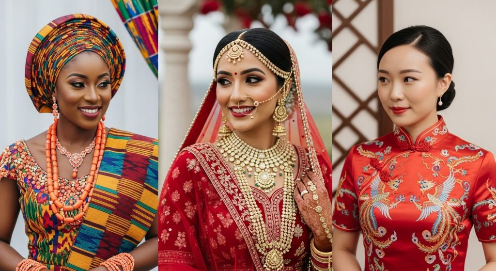 Wedding Dresses That Define Elegance: A Bride’s Style Story 4 A multicultural collage of brides in traditional wedding dresses—Indian bride in a red lehenga, Nigerian bride in vibrant Aso-Oke, and Chinese bride in a silk cheongsam—showcasing global bridal beauty and cultural heritage.