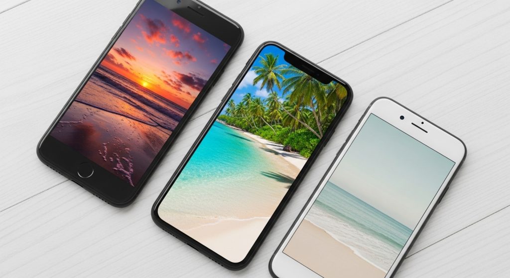 Top Aesthetic Wallpaper Backgrounds for Beach iPhone – HD & Minimal Designs 11 Three iPhones side by side showing sunset, tropical, and minimal beach wallpapers.