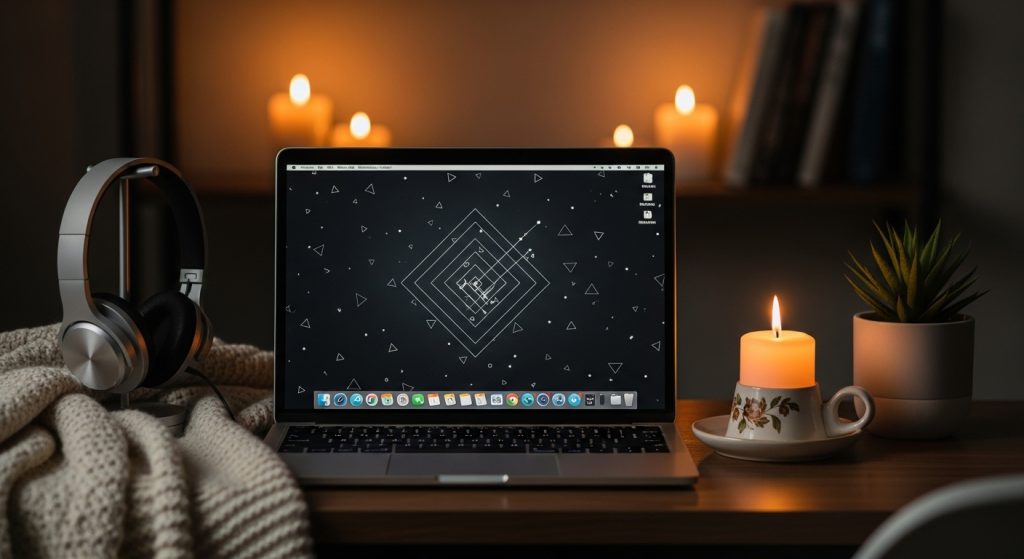 Transform Your Screen with Dark Aesthetic Wallpaper Vibes 3 A cozy desk setup with a laptop showing a dark minimalist wallpaper, candlelight in the background.