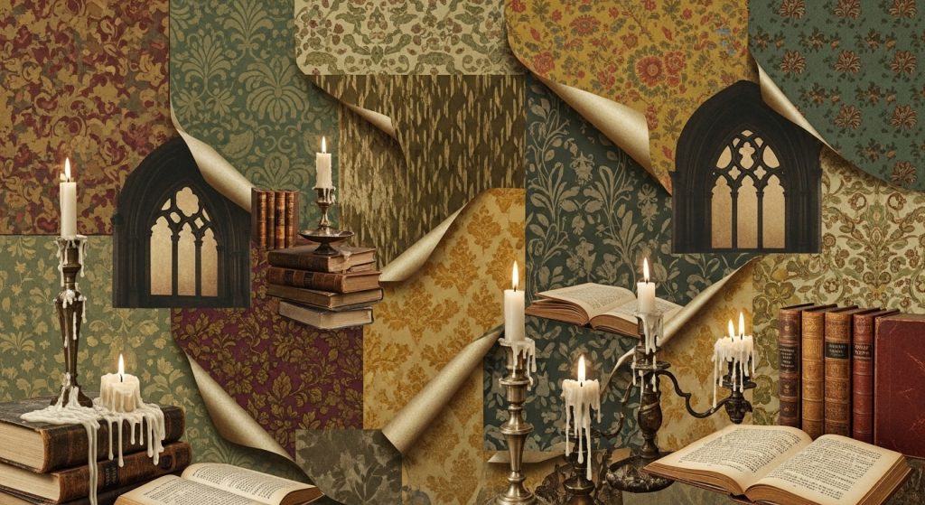 Laptop Wallpaper HD 1080p Aesthetic Vintage Dark Academia Timeless Backgrounds 4 “Collage of vintage dark academia wallpapers featuring old books, glowing candles, and gothic arches in warm earthy tones.”