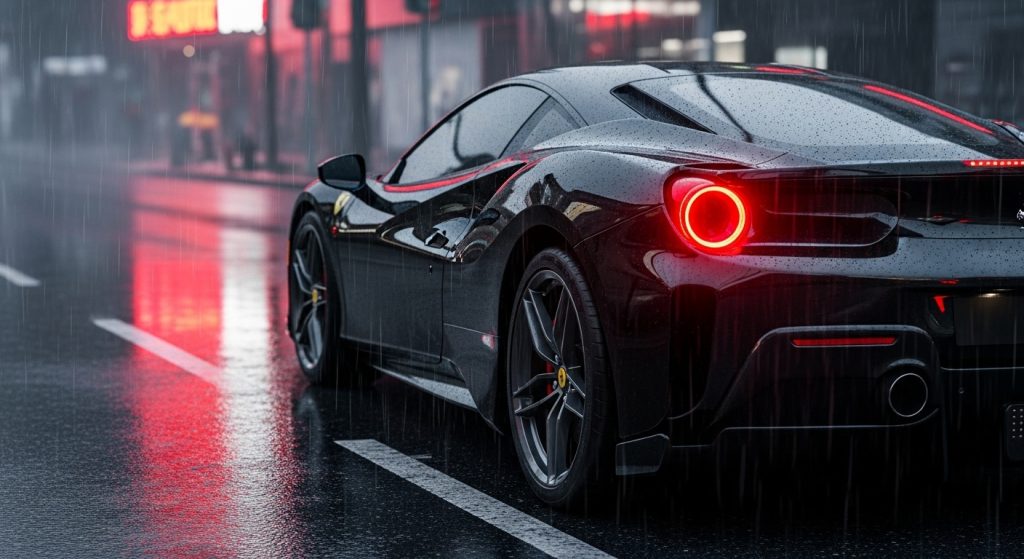 Laptop Wallpaper Aesthetic High Quality Desktop HD 1920x1080 Dark Cars 5 Ultra-HD laptop wallpaper aesthetic of a glossy black Ferrari with glowing tail lights in the rain, perfect 1920x1080 desktop background.