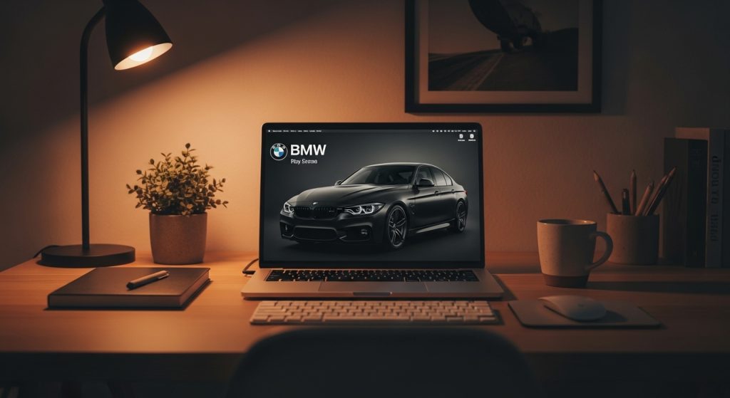 Dark Aesthetic Car Wallpapers for Laptop Sleek & Stylish Backgrounds 10 “Minimalist workspace with laptop showing a sleek dark BMW wallpaper, moody desk lighting, cozy aesthetic setup.”