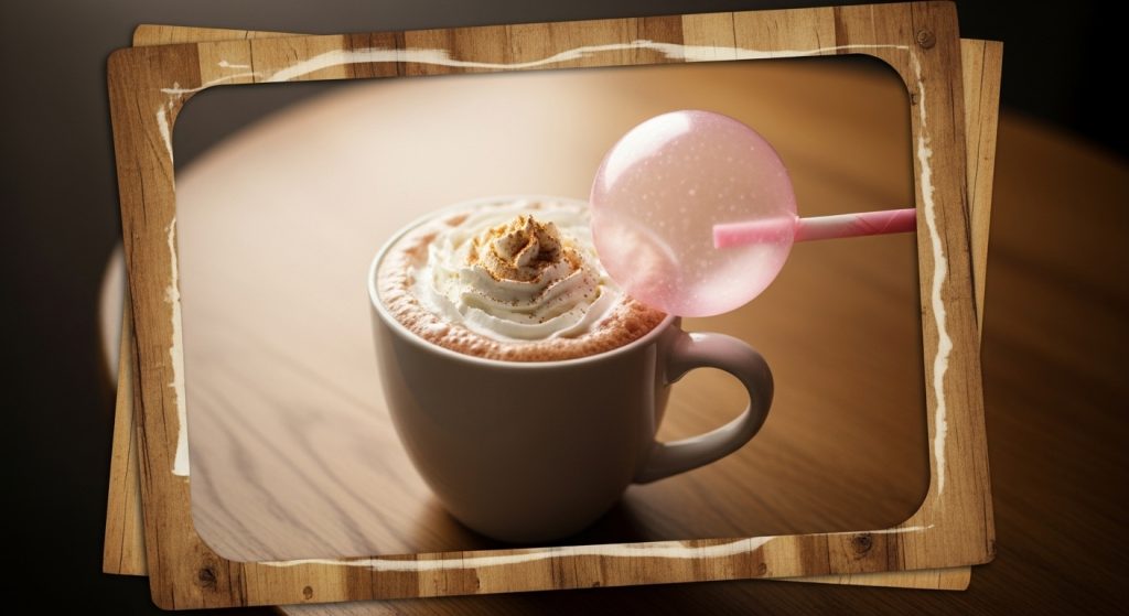 Vintage 90s Retro Brown & Pink iPhone Wallpaper Aesthetic 4 Warm hot cocoa mug next to popping bubblegum in a brown and pink palette, framed in a retro style with soft lighting for a cozy, eye-catching look.