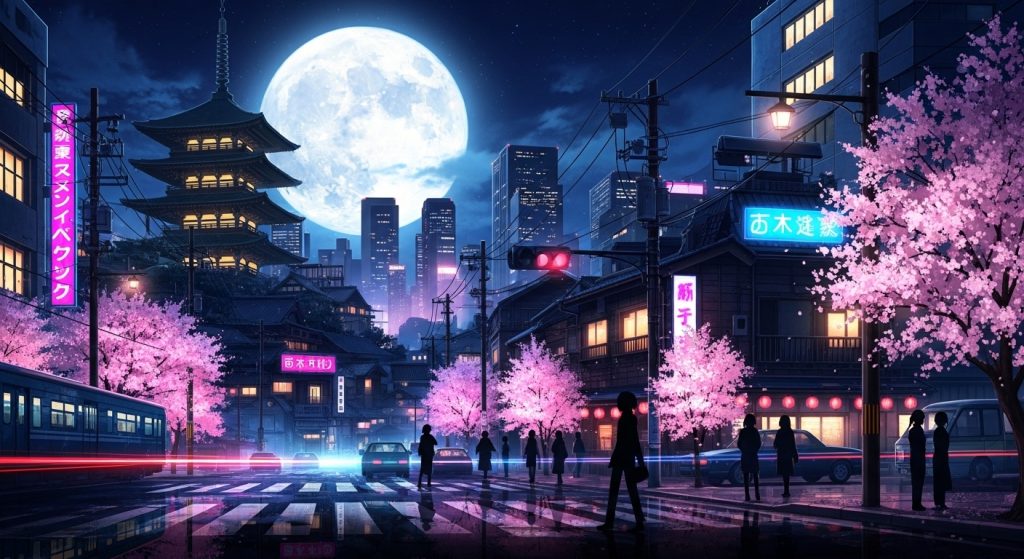 Best Aesthetic Moon Wallpapers for iPhone | Dark & Minimal Backgrounds 8 An anime-style wallpaper with a glowing moon above a Japanese cityscape at night.