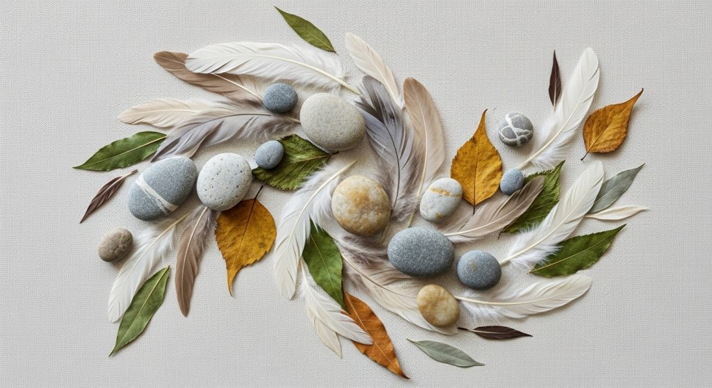 Top Aesthetic iPad Wallpapers for a Minimal & Stylish Look 6 Eye-catching collage of neutral feathers, stones, and leaves on a light canvas, arranged artistically in muted tones for a fun, energetic composition.