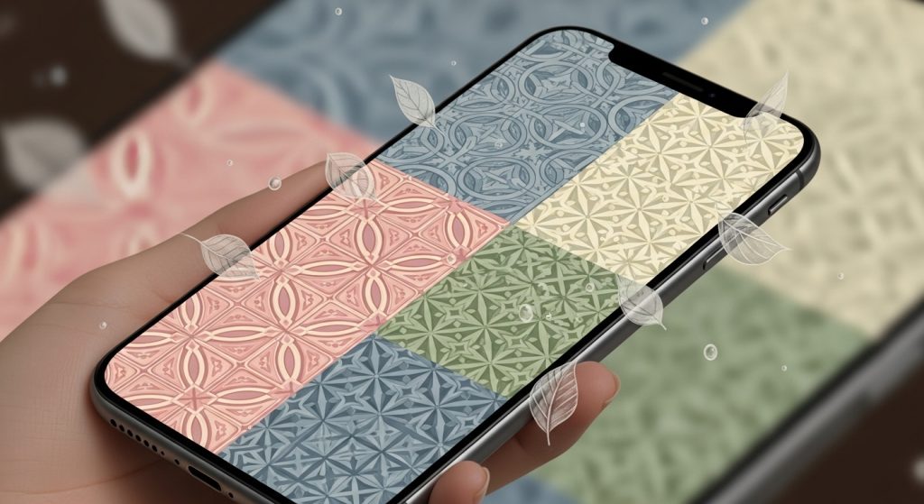 Aesthetic Vintage iPhone Wallpaper: A Timeless Journey for Your Screen 8 Design an amazing, harmonious image of floral and geometric vintage patterns merging on an iPhone screen, with natural elements like leaves and shapes floating around in pastel shades.