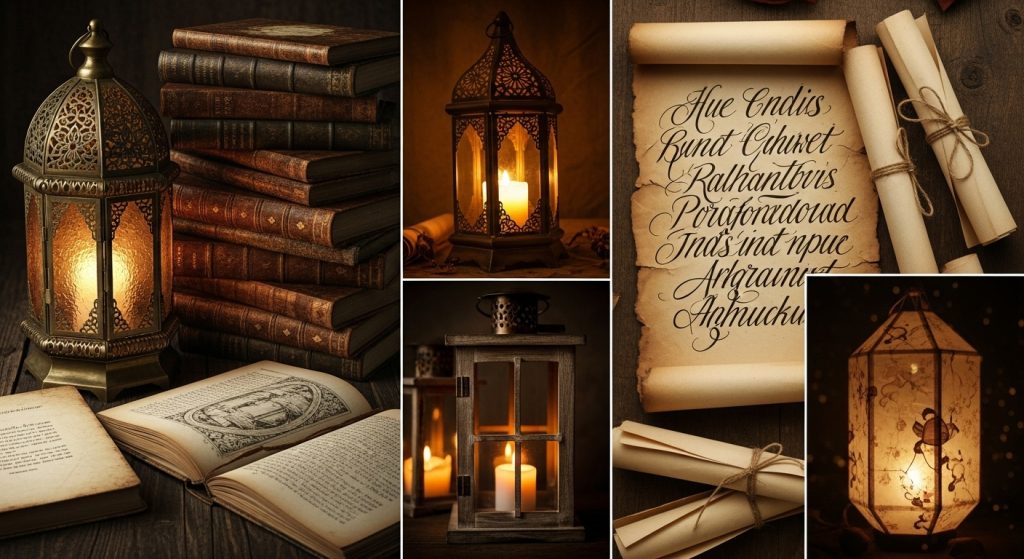 Laptop Wallpaper HD 1080p Aesthetic Vintage Dark Academia Timeless Backgrounds 12 “Collage of timeless vintage dark academia wallpapers featuring old books, parchment pages, and glowing lanterns.”