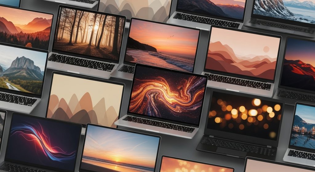 Top Aesthetic Laptop Wallpaper Trends for a Beautiful Digital Setup 3 Aesthetic Laptop Wallpaper Background collage on multiple laptop screens, featuring nature and abstract designs in warm hues, arranged dynamically for a vibrant and motivational feel.
