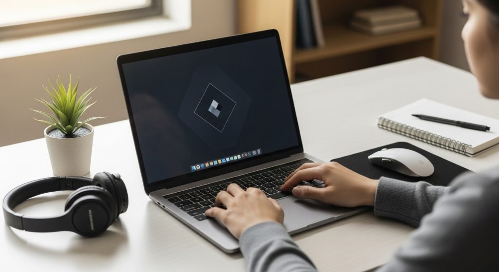Laptop Wallpaper HD 1080p Aesthetic Dark Simple 8 A laptop on a clean workspace showing a dark minimalist wallpaper, student or professional working, productivity-focused photography.