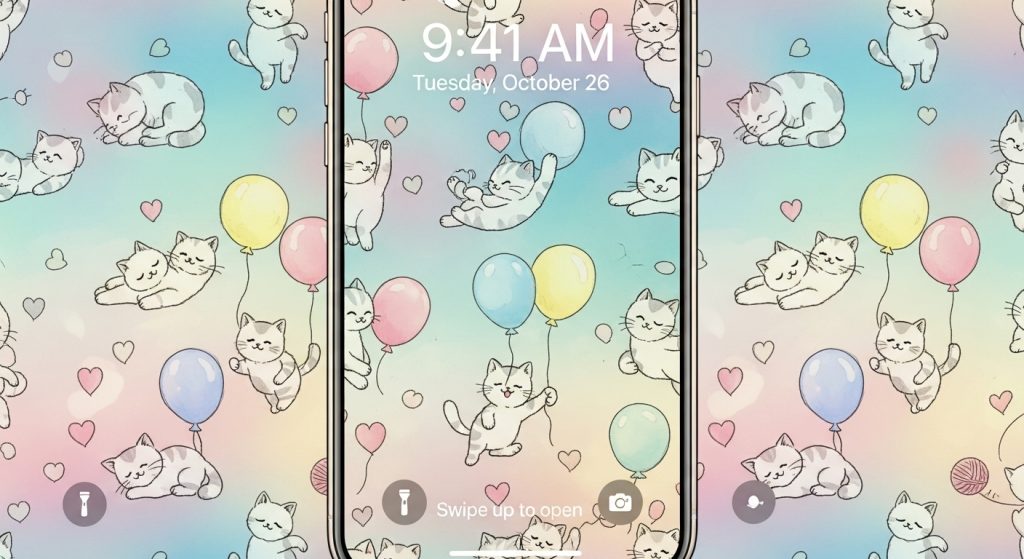 Top Cute Aesthetic Wallpapers for iPhone Backgrounds 5 An iPhone lock screen with wallpaper featuring small doodled kittens, pastel balloons, and hearts – dreamy lighting aesthetic.