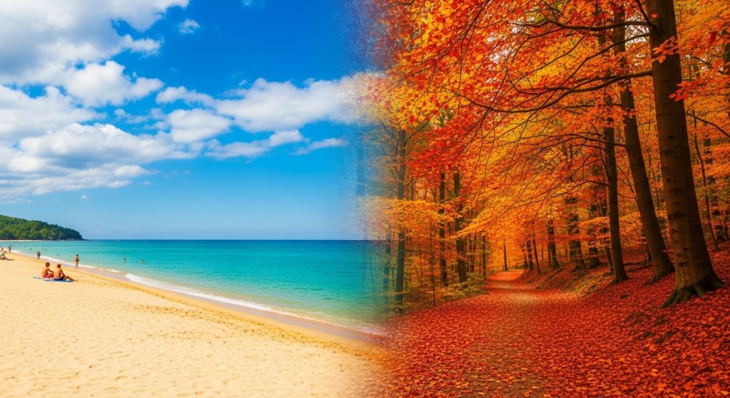 Summer Wallpapers for a Vibrant Vibe 2025 9 Beautiful seasonal transition illustration with one half showing a summer beach and the other half fading into autumn leaves, featuring contrasting blues and oranges for a dynamic, evolving vibe.