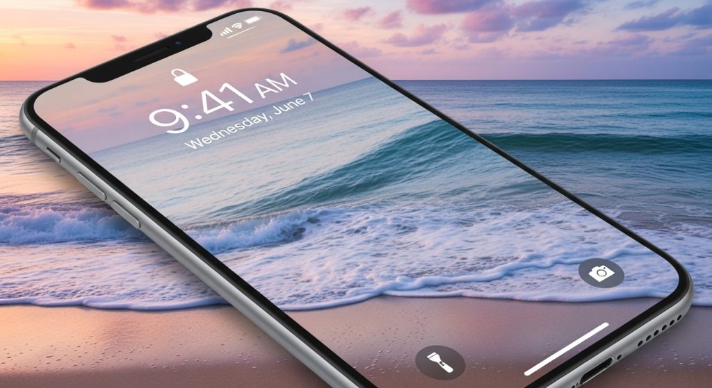 Top Aesthetic Wallpaper Backgrounds for Beach iPhone – HD & Minimal Designs 2 iPhone lock screen with soft pastel beach wallpaper and gentle waves.