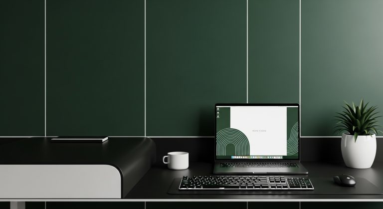 Stylish Laptop Wallpaper HD 1080p Aesthetic Dark Green White showing modern desk setup.
