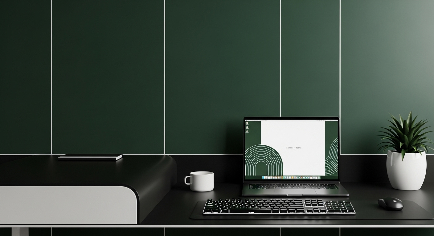 Stylish Laptop Wallpaper HD 1080p Aesthetic Dark Green White showing modern desk setup.