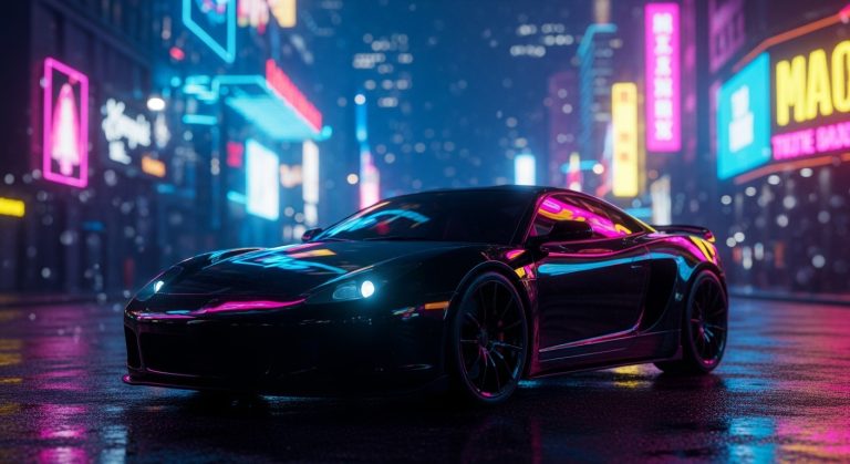 "Dark aesthetic laptop wallpaper 1920x1080 featuring a sleek black sports car parked under neon city lights, cinematic and high-quality background for desktops."