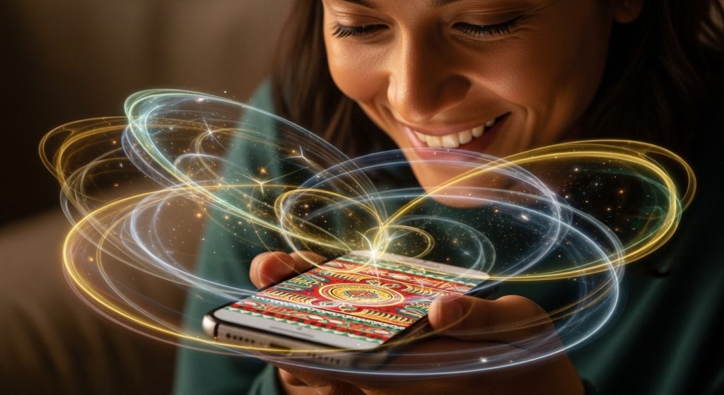 Aesthetic Vintage iPhone Wallpaper: A Timeless Journey for Your Screen 10 Create a vibrant, emotional image depicting a user smiling at their iPhone with a heritage-inspired wallpaper, surrounded by ethereal auras of past and present blending.
