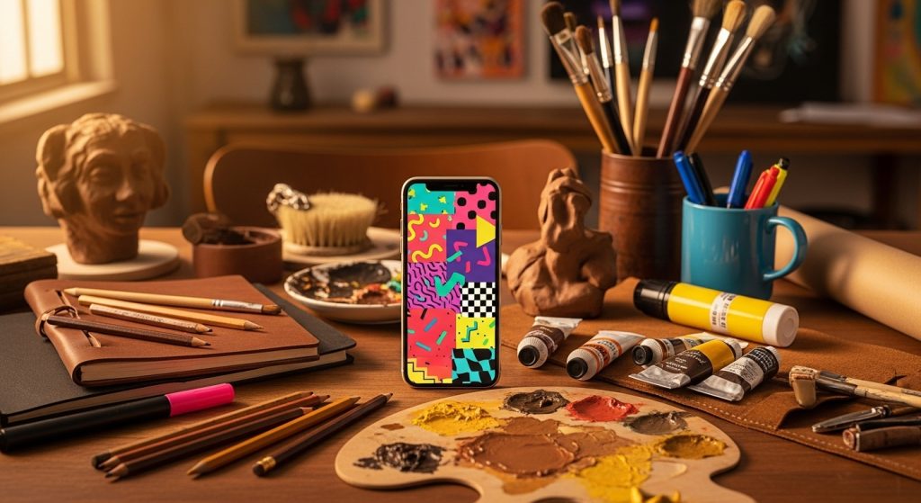 Vintage 90s Retro Brown iPhone 90s Aesthetic Wallpaper Designs 8 Creative workspace with an iPhone displaying 90s patterns, surrounded by art supplies in brown tones, vibrant and inspiring.