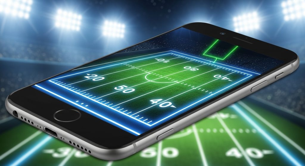 Aesthetic Wallpaper Background for iPhone Boy Stylish & Minimal HD Designs 6 An iPhone with a wallpaper of a glowing football field under night lights, sporty and aesthetic background.