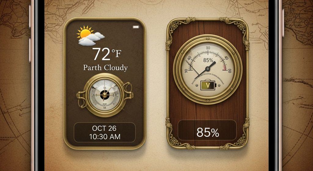 Aesthetic Vintage iPhone Wallpaper: A Timeless Journey for Your Screen 26 Design an amazing, balanced image showing weather and battery widgets styled as antique instruments on a vintage background iPhone screen.