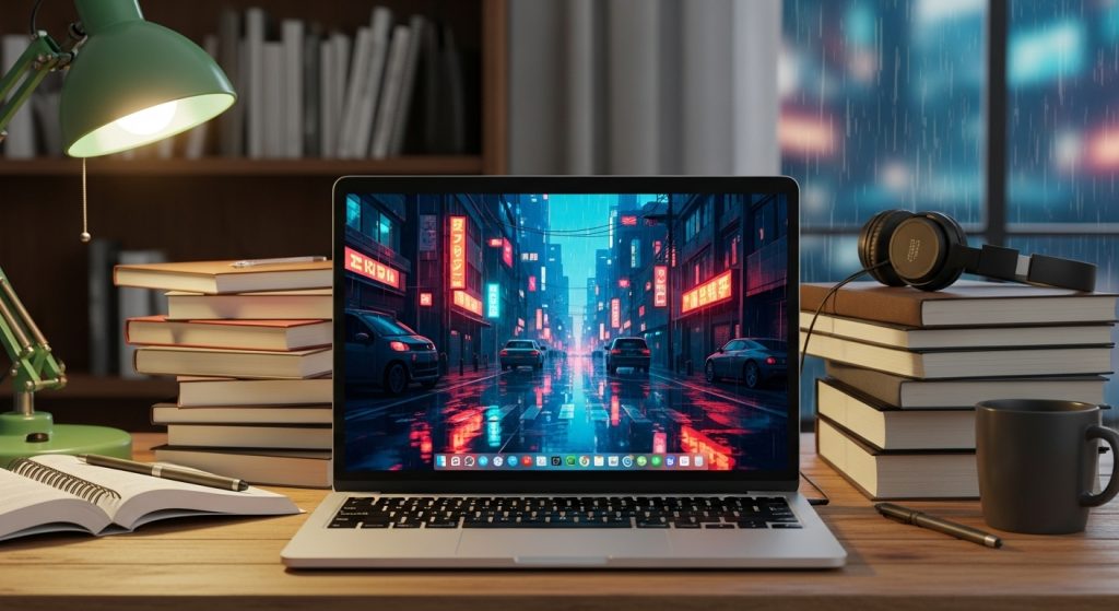 Top 20 Dark Aesthetic Anime Wallpapers in HD 1080p for Laptops 8 “Laptop displaying Dark Aesthetic Anime Wallpapers of a gothic anime courtyard with ivy arches.”