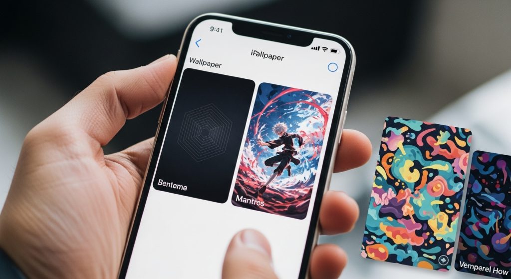 Aesthetic Wallpaper Background for iPhone Boy Stylish & Minimal HD Designs 11 Hand holding an iPhone with wallpaper options displayed—dark, anime, abstract—like a gallery selection screen.