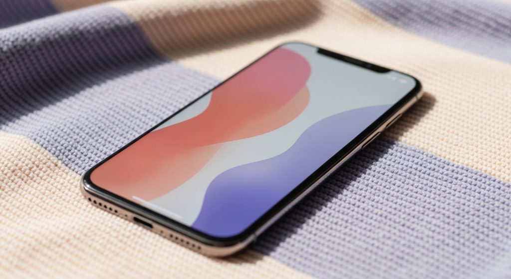 Aesthetic Wallpaper Backgrounds for iPhone HD & Minimal Styles 6 : iPhone lying on a pastel blanket displaying calming peach and lavender wallpaper with abstract shapes