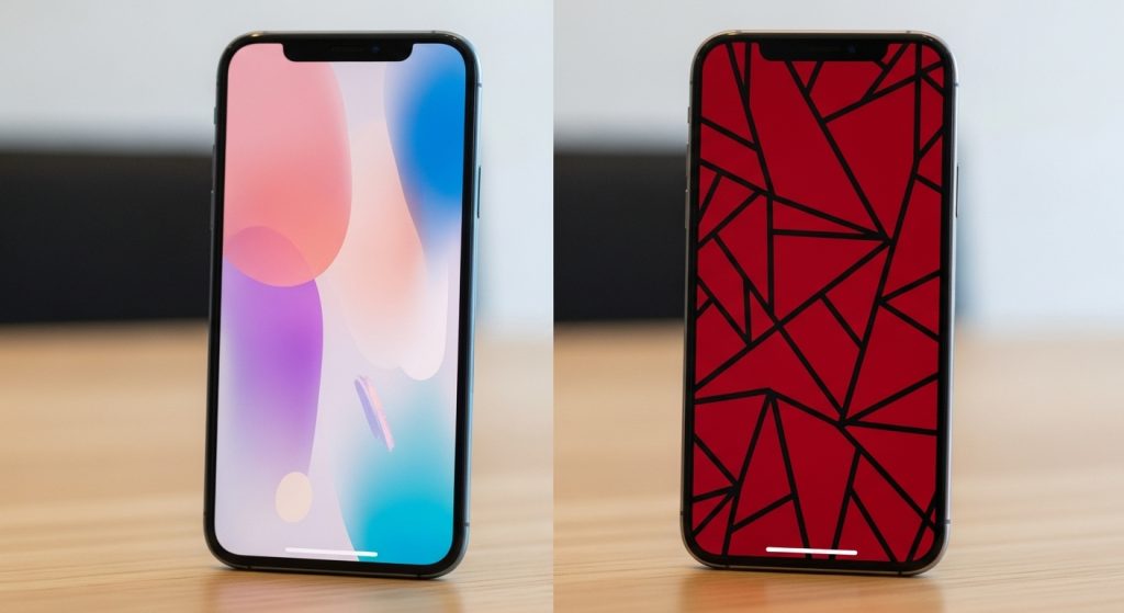 Aesthetic Wallpaper Background iPhone Red Bold & Stylish HD Designs 7 A side-by-side comparison of iPhones, one with a soft pastel wallpaper and one with a bold red aesthetic wallpaper.