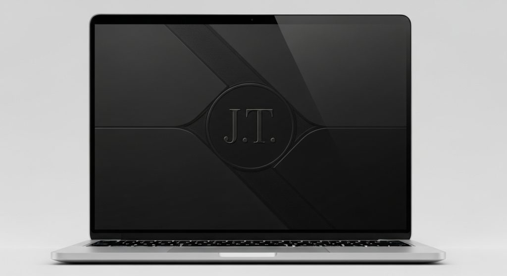Laptop Wallpaper HD 1080p Aesthetic Dark Simple 12 Laptop showing a dark minimalist wallpaper with personal monogram initials added, elegant and custom design look.