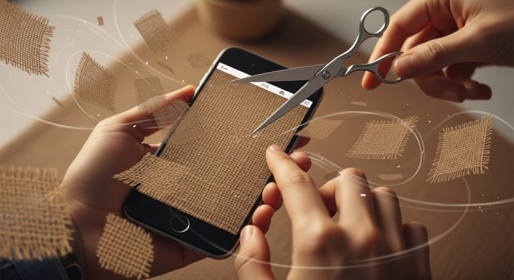 Aesthetic Vintage Brown iPhone Wallpaper 2025: A Cozy Retro Touch 13 Illustrate a beautiful, creative image of hands crafting a brown burlap wallpaper on an iPhone, with digital scissors and textures floating around.