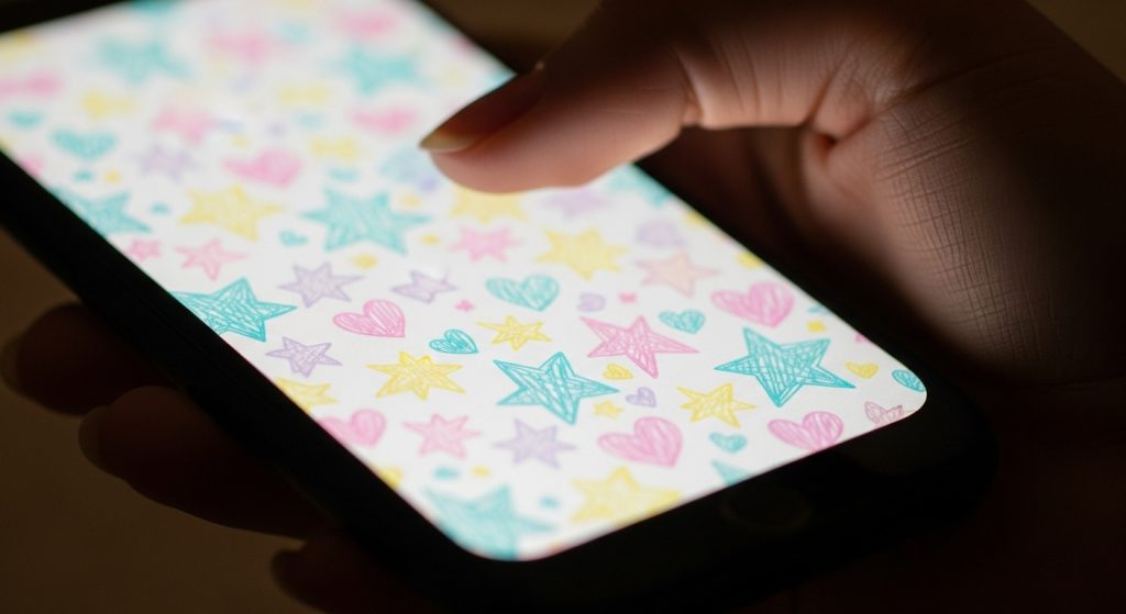 Top Cute Aesthetic Wallpapers for iPhone Backgrounds 13 A hand holding an iPhone under soft lighting, wallpaper showing a pastel doodle of stars and hearts – dreamy aesthetic shot.