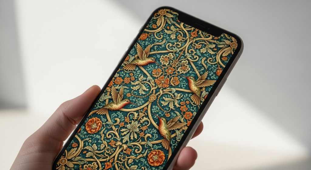 Aesthetic Vintage iPhone Wallpaper: A Timeless Journey for Your Screen 18 Generate an eye-catching, balanced image of a single powerful vintage wallpaper on an iPhone, held against a minimalist background to emphasize its dominance.