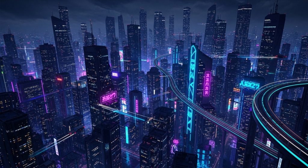 Transform Your Screen with Dark Aesthetic Wallpaper Vibes 5 "Futuristic neon-lit cityscape wallpaper glowing in deep purple and blue tones."