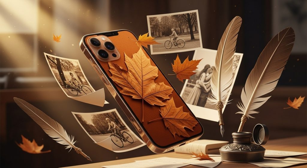 Aesthetic Vintage Brown iPhone Wallpaper 2025: A Cozy Retro Touch 3 Stunning iPhone with brown autumn leaf wallpaper, surrounded by floating sepia photos and vintage quills, creating a warm, nostalgic atmosphere.