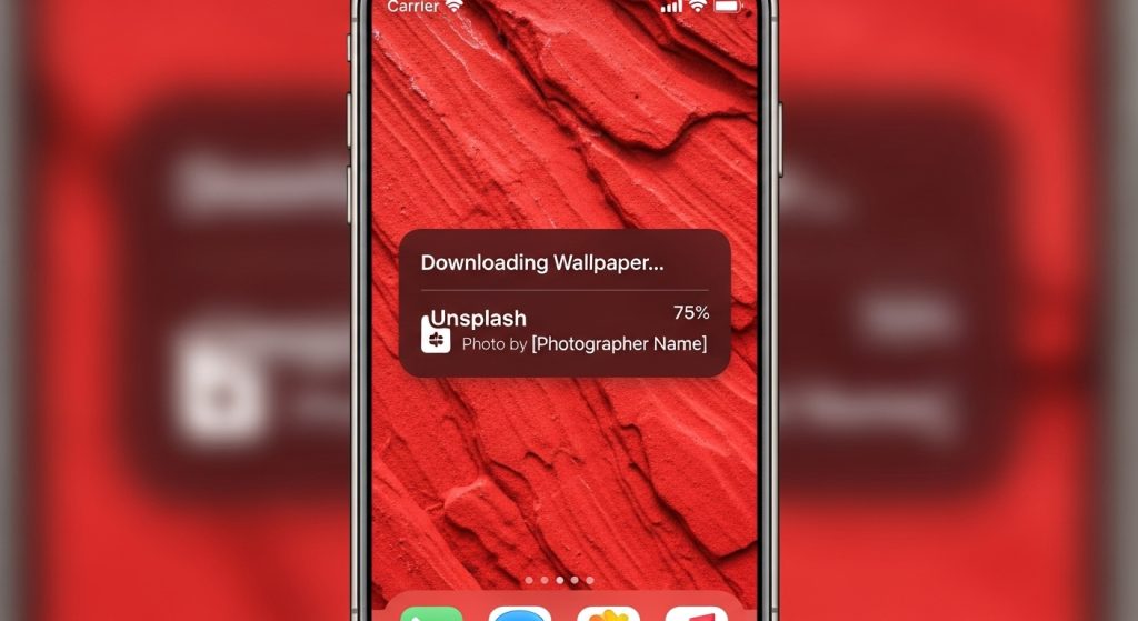 Aesthetic Wallpaper Background iPhone Red Bold & Stylish HD Designs 12 Screenshot-style display of downloading a red wallpaper from Unsplash on an iPhone.