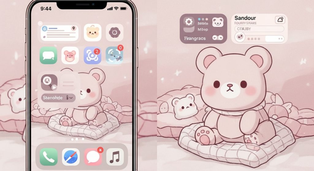 Top Cute Aesthetic Wallpapers for iPhone Backgrounds 11 Customized iPhone screen with pastel app icons, widgets, and wallpaper of a kawaii bear – cozy, organized aesthetic.