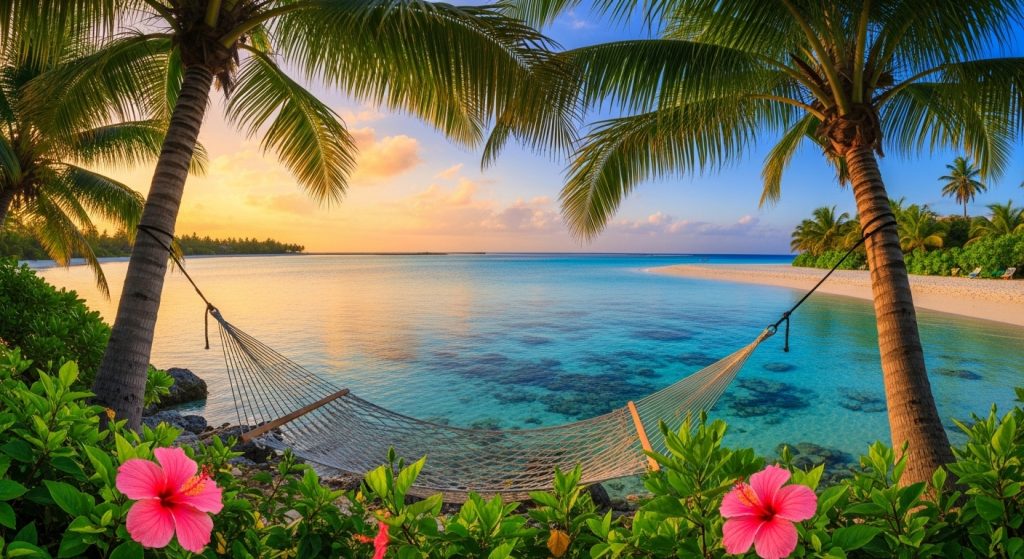 Summer Wallpapers for a Vibrant Vibe 2025 3 Illustration of a tropical paradise with lush green palm leaves, vibrant pink hibiscus flowers, and a hammock over a crystal-clear lagoon, creating a dreamy, immersive vibe.