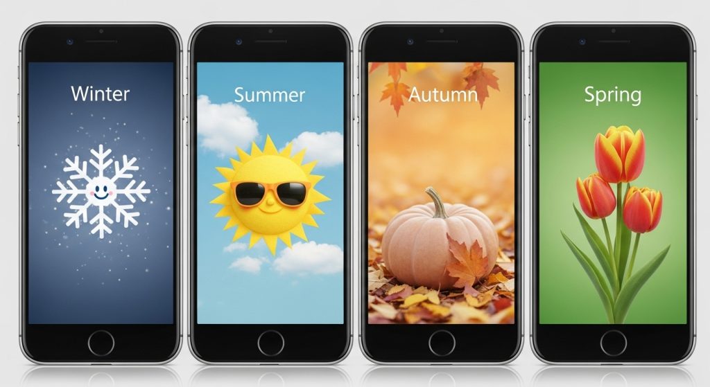 Top Cute Aesthetic Wallpapers for iPhone Backgrounds 10 Four iPhones side by side, each with a seasonal wallpaper: snowflake with smiley face, sun with glasses, pastel pumpkin, and blooming flower.