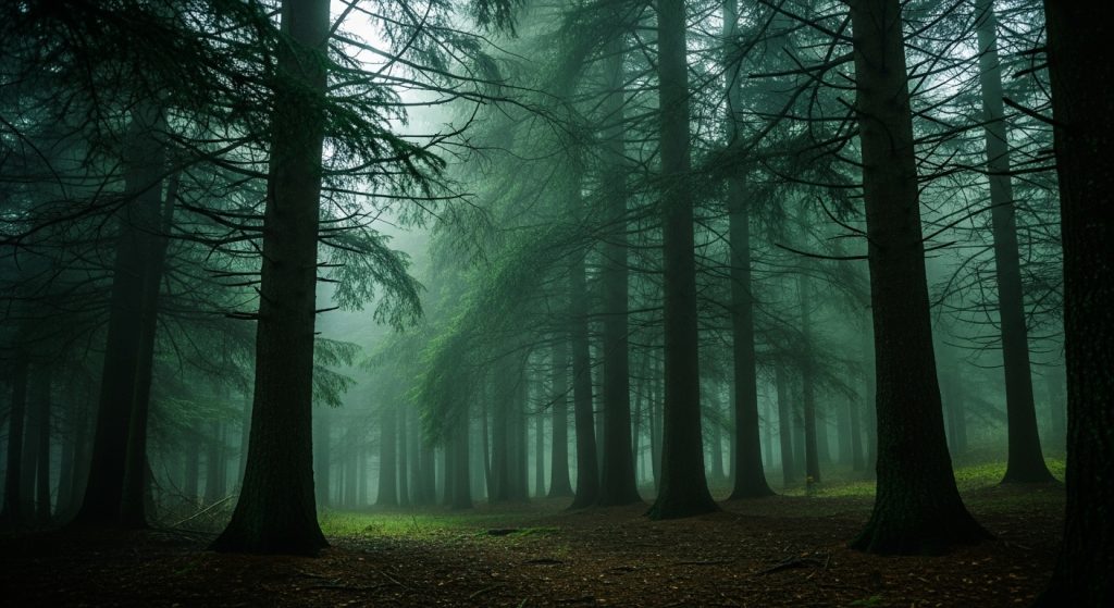 Aesthetic Dark Green Laptop Wallpaper HD 1080p 5 HD laptop wallpaper of a foggy pine forest in deep dark green tones with soft mist, dreamy cinematic atmosphere, 2:3 design.