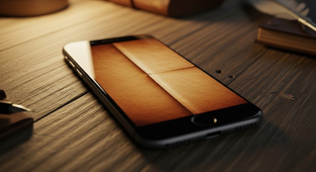Aesthetic Vintage Brown iPhone Wallpaper 2025: A Cozy Retro Touch 6 iPhone on a rustic desk displaying brown parchment wallpaper, softly lit to highlight screen clarity and create a warm, functional aesthetic.