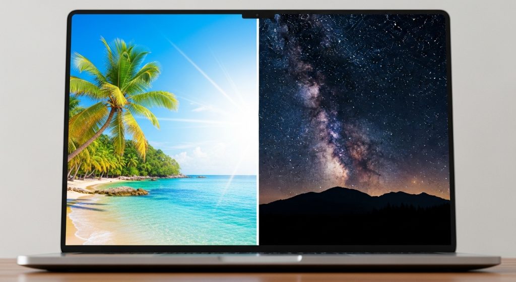 Dark Aesthetic Wallpaper for Laptop: Stylish Backgrounds to Elevate Your Screen 8 A laptop in split-screen view, left side showing a bright wallpaper and right side showing a dark aesthetic wallpaper for laptop, highlighting the dramatic difference.