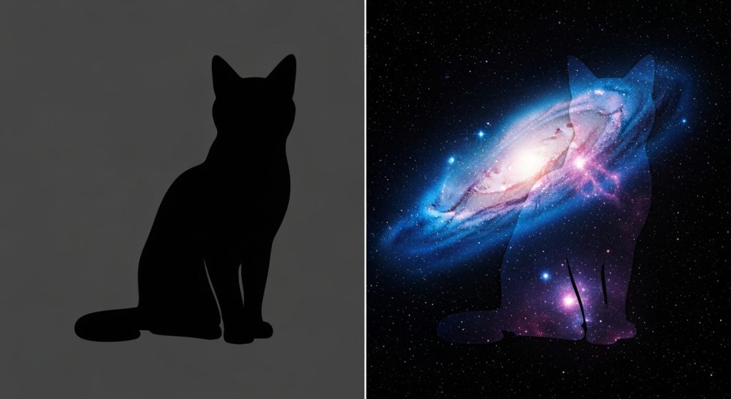 Laptop Wallpaper HD 1080p Aesthetic Dark Cat 9 Split-screen wallpaper featuring a minimal black cat silhouette on dark grey background alongside a galaxy-filled cat design, aesthetic HD 1080p style.